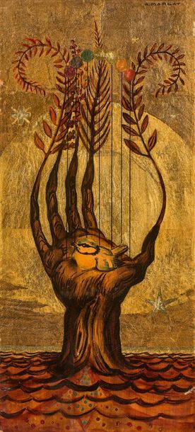 André MARGAT (1903-1999) *Harmonie (Lyre, main, arbre)
Laque sur panneau, signée...