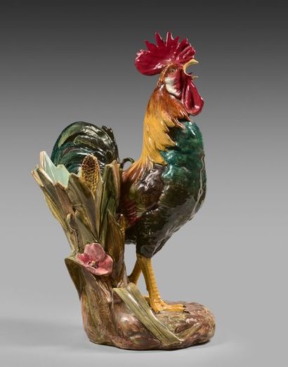 Delphin MASSIER (1836-1907) Coq chantant formant vase en céramique à couverte émaillée...