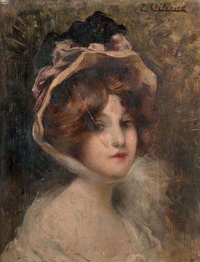 ÉDOUARD CÉLÉRIER Jeune parisienne au chapeau, vers 1890
Huile sur panneau, signée...