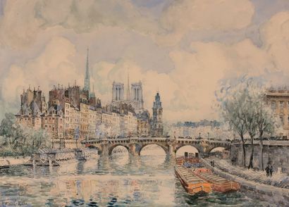 FRANK-WILL (1900-1951) La Seine, la place Dauphine, le Pont Neuf, Notre Dame
Dessin...