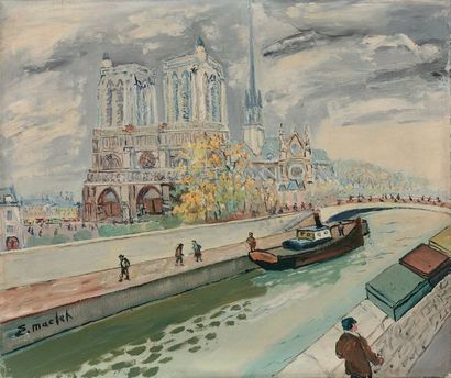 Elisée MACLET (1881-1962) Notre-Dame, les bords de Seine animés
Huile sur toile,...