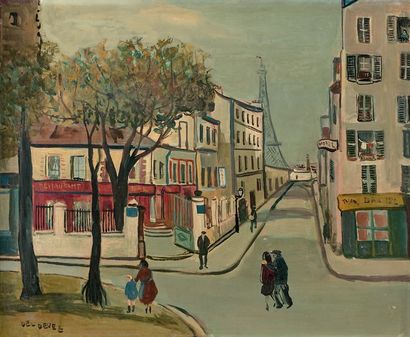 Jean DEL DEVEZ (1909-1983) Rue de Paris, vue sur la tour Eiffel
Huile sur isorel,...