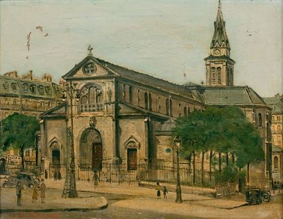GENE SCHWARTZ Passants devant l'église Notre-Dame-de-Clignancourt
Huile sur toile,...