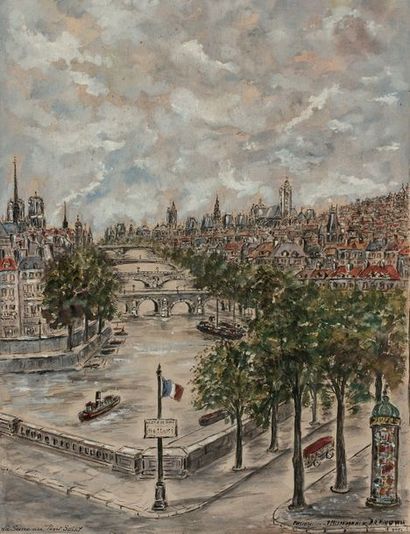 LOUIS CHAMPION Paris Réunion de dessins à l'aquarelle sur papier:. Pont Neuf et place...