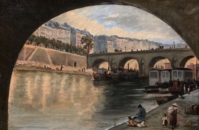 École FRANÇAISE de la fin du XIXe siècle Pêcheurs sur la Seine, bateaux-lavoirs;...