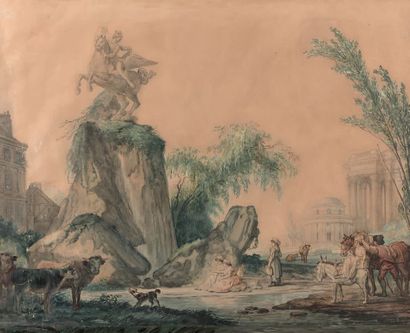 École FRANÇAISE du XVIIIe siècle Jardins imaginaires ornés de monuments de Paris,...