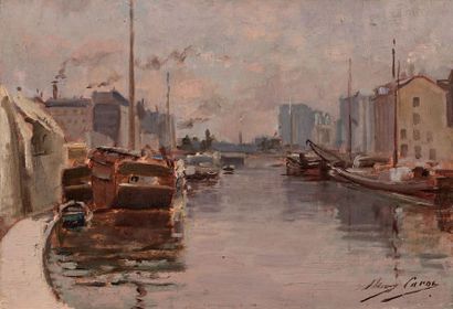 HENRI PAUL EDMOND CARON (1860 - 1941) Paris, canal vers les entrepôts
Huile sur panneau,...