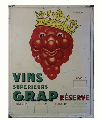 null ROI GRAP Rare tôle lithographiée pour affichage des prix des vins du Roi G.R.A.P...