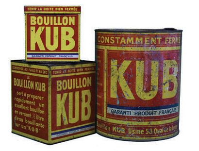 null KUB Réunion de 3 boites en tôle lithographiée pour les bouillons Kub.