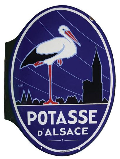 null POTASSE D'ALSACE Plaque émaillée pour la Potasse d'Alsace.
Illustration: cigogne,...