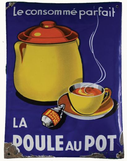null POULE AU POT Plaque émaillée pour La Poule au Pot.
Format: rectangulaire, bombé.
Procédé:...