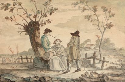 École FRANÇAISE du XVIIIe siècle Paysans dans un paysage Deux aquarelles sur papier...