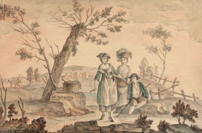 École FRANÇAISE du XVIIIe siècle Paysans dans un paysage
Deux aquarelles sur papier...