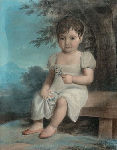 École FRANÇAISE du début du XIXe siècle Portrait d'enfant tenant des fleurs sauvages...