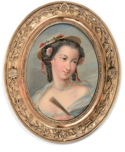 École FRANÇAISE du XVIIIe siècle Portraits d'élégantes Deux peintures ovales, sous...