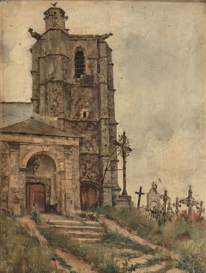 École Française du XIXe siècle Tour d'église et cimetière
Huile sur panneau.
33,5...