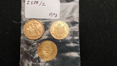 null Lot de trois monnaies en or jaune 18k : 20 francs or de 1856, 20 francs or de...