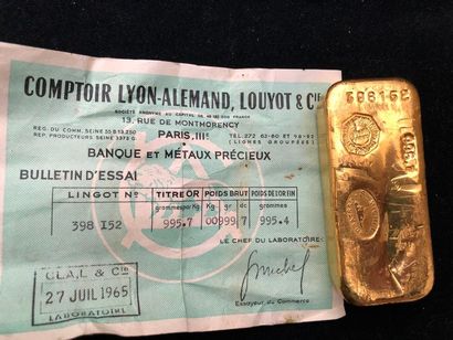 null LINGOT Or jaune, avec Certificat Lyon Alemand Louyot du 27 juillet 1962, numéro...