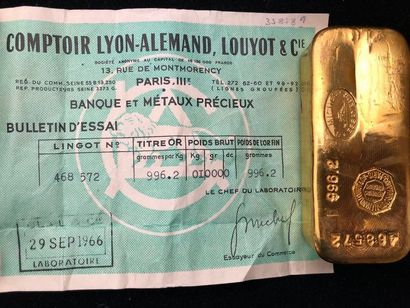 null LINGOT Or jaune, avec certificat Comptoir Lyon Alemand Loyot du 29 septembre...