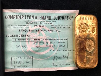 null LINGOT Or jaune, avec certificat Comptoir Lyon Alemand Louyot du 29 septembre...