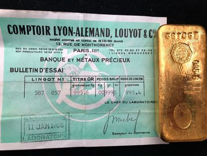 null LINGOT Or jaune, avec Certifcat Lyon-Alemand, Louyot du 11 janvier 1968, numéro...