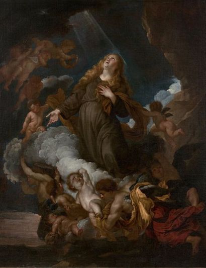 ÉCOLE FLAMANDE DU XVIIe SIÈCLE ENTOURAGE DE ANTON VAN DYCK L'extase de Sainte Rosalie
Toile.
126...
