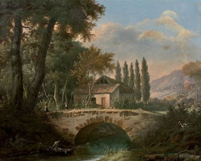 Ecole FRANCAISE, circa 1830 
Pont sur une rivière, animé de personnages
Huile sur...