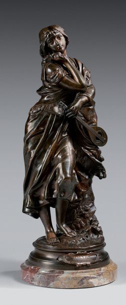 Adrien Étienne GAUDEZ (1845-1902) 
Mignon
Bronze à patine brune, signé sur la terrasse.
Socle...