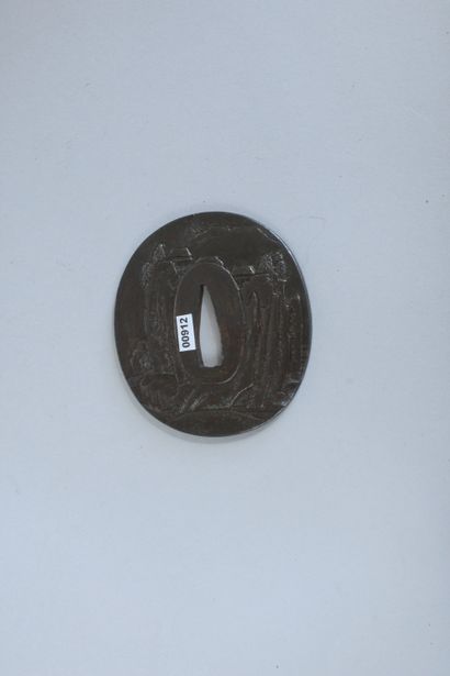 null Iron Tsuba mokko-gata with a landscape of high mountains with pavilions in light...