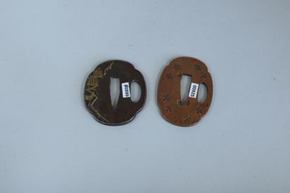 null Two small tsuba mokko-gata, one iron inlaid with plant motifs in sentoku, the...