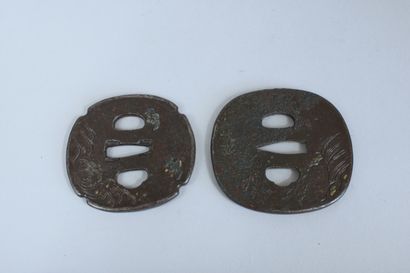 null Two iron tsuba, one nade-kaku-gata inlaid in sentoku with a tiger on one side,...