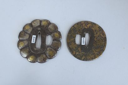 null Two tsuba made of iron and sentoku inlays, with a hitsu-ana, one forming a chrysanthemum...