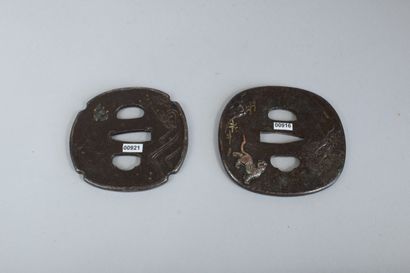 null Two iron tsuba, one nade-kaku-gata inlaid in sentoku with a tiger on one side,...