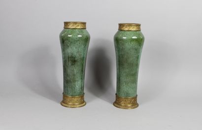 null SEVRES Pair of green enamelled ceramic vases with glazes, gilded metal mount...