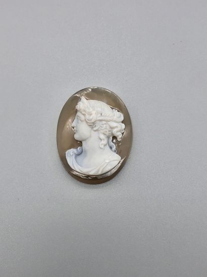 null Camée agate à fond beige, femme à l'antique XIXème siècle, 3,8 cm.