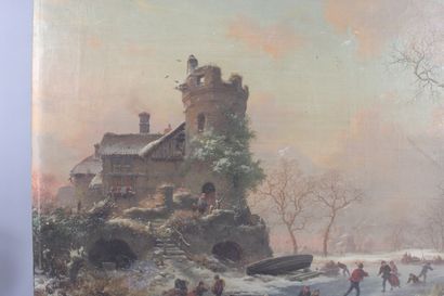 Frederik Marianus Kruseman, scène de patin à glace devant les ruines d’un château...