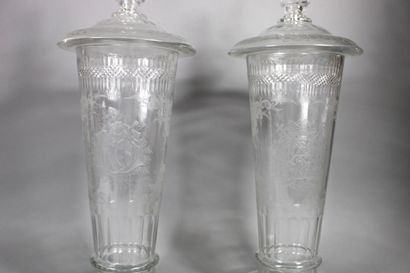 null Pair of horn vases on foot shower covered in crystal with rich engraved decoration,...