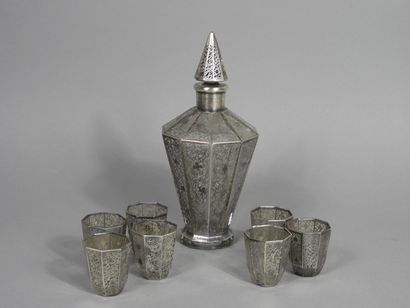 null Crystal liquor service with applied silver decoration composed of a carafe and...