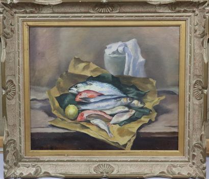 null André HEBUTERNE (1892-1979) "Still life with fish", oil on canvas (47 x 55 ...