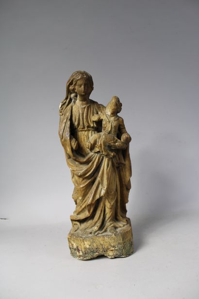 null French school around 1700 "Virgin and Child" Marble statuette, traces of polychromy,...