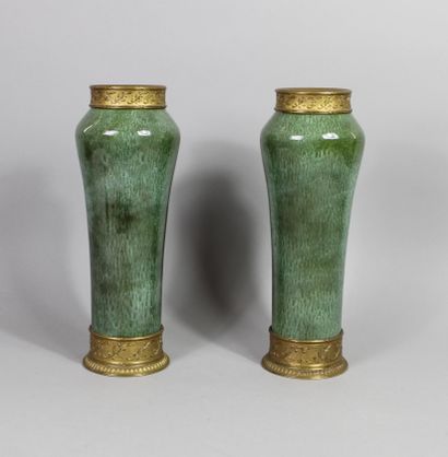 null SEVRES Pair of green enamelled ceramic vases with glazes, gilded metal mount...