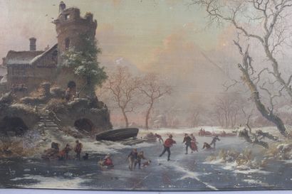 Frederik Marianus Kruseman, scène de patin à glace devant les ruines d’un château...