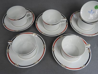 null HAVILAND Limoges, 6 white porcelain tea cups and saucers enhanced with a red...