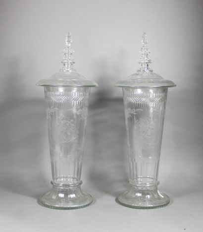 null Pair of horn vases on foot shower covered in crystal with rich engraved decoration,...