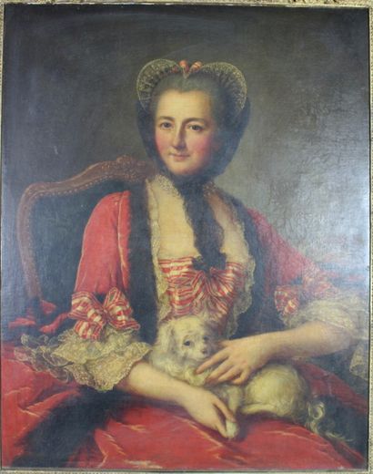 Ecole française du XVIIIè portrait d'une jeune fille au chien French school of the...