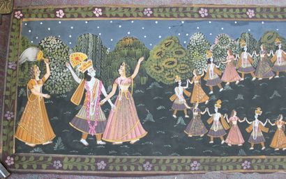 null Grand pitchway horizontal peint en couleurs sur coton, représentant Krishna...
