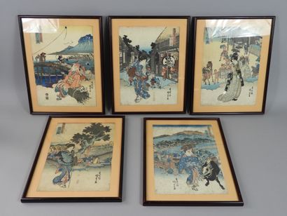null KUNISADA (1786-1965), cinq estampes chuban tate-e de la série des « Cinquante-trois...