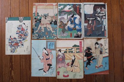 null Lot de sept estampes ou parties de triptyques oban tate-e par KUNIHIRO, HOKUEI,...