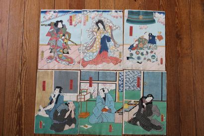 null TOYOKUNI III Six estampes oban tate-e formant deux triptyques ou polyptyques...