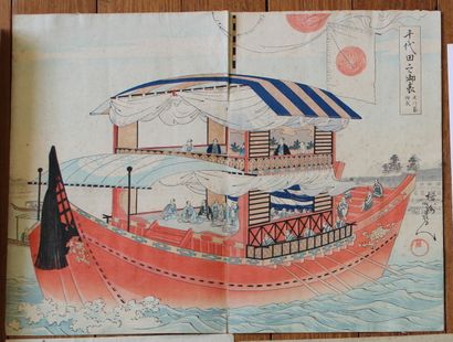 null CHIKANOBU (1838-1912), deux triptyques, représentant un bateau faisant un tour ;...